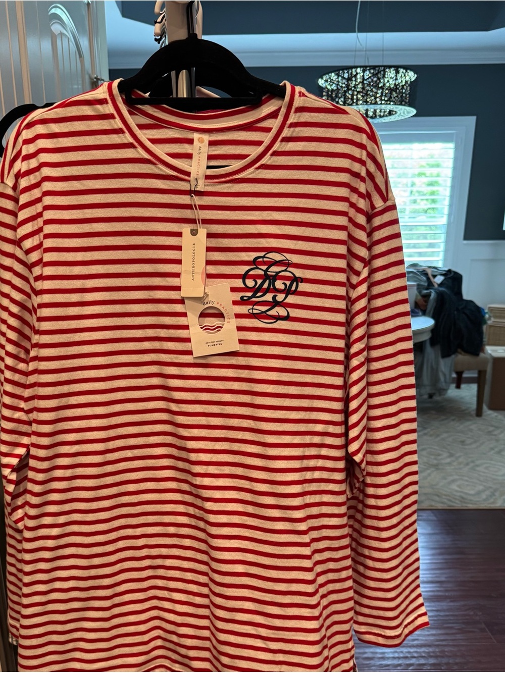 Anthropologie Red and White Striped Long Sleeve Tee with Navy Monogram
